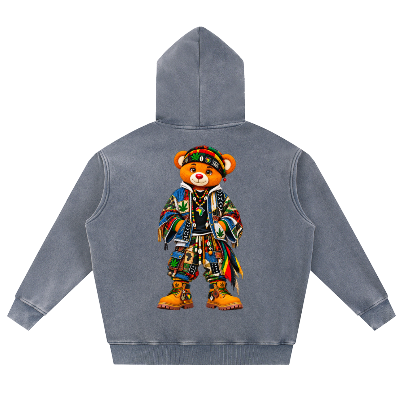 A gray hooded sweatshirt shown from the back, featuring a large graphic of a teddy bear dressed in a colorful, patterned outfit with boots and a hat.