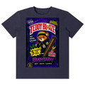 A navy blue short-sleeve t-shirt with a large, colorful graphic print on the front. The graphic is styled like a vintage 'Teddy Blaze' tobacco product box, featuring a cartoon bear in a Rastafarian hat holding a cigar, with text including 'Teddy Blaze', 'Blazerberry', and '5% Natural Tobacco'.