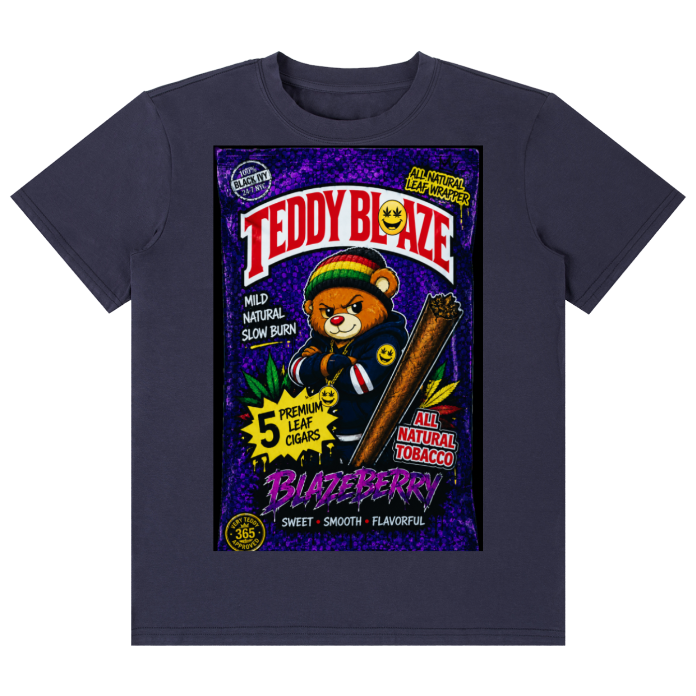 A navy blue short-sleeve t-shirt with a large, colorful graphic print on the front. The graphic is styled like a vintage 'Teddy Blaze' tobacco product box, featuring a cartoon bear in a Rastafarian hat holding a cigar, with text including 'Teddy Blaze', 'Blazerberry', and '5% Natural Tobacco'.