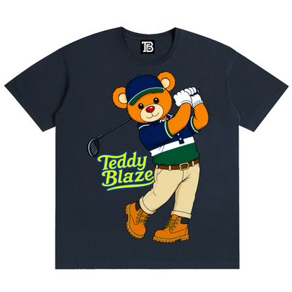 Navy blue t-shirt with a cartoon bear graphic and 'Teddy Blaze' text on a white background