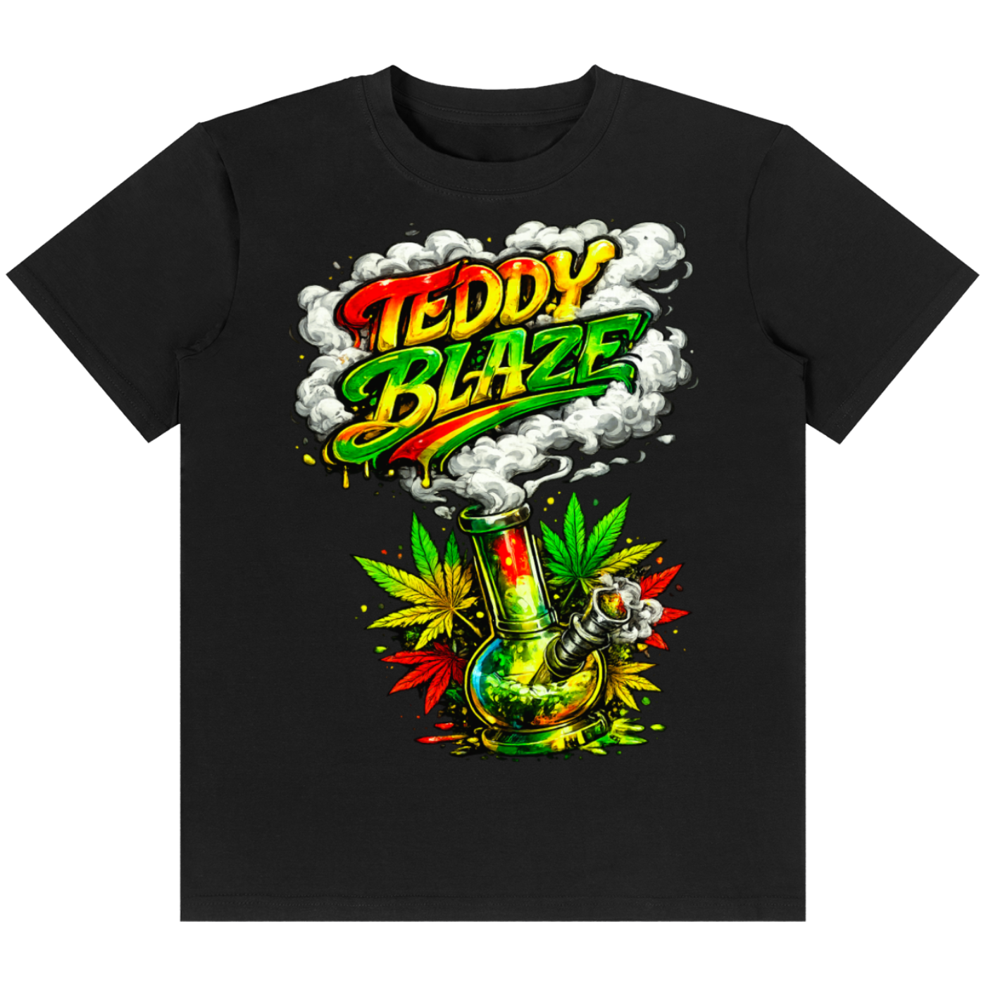 A black short-sleeve crewneck t-shirt featuring a colorful graphic print on the front. The design displays the text 'TEDDY BLAZE' in a red, yellow, and green gradient with white smoke, above an illustration of a green glass bong decorated with cannabis leaves and a skull.