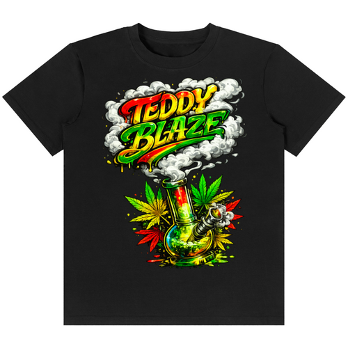 A black short-sleeve crewneck t-shirt featuring a colorful graphic print on the front. The design displays the text 'TEDDY BLAZE' in a red, yellow, and green gradient with white smoke, above an illustration of a green glass bong decorated with cannabis leaves and a skull.