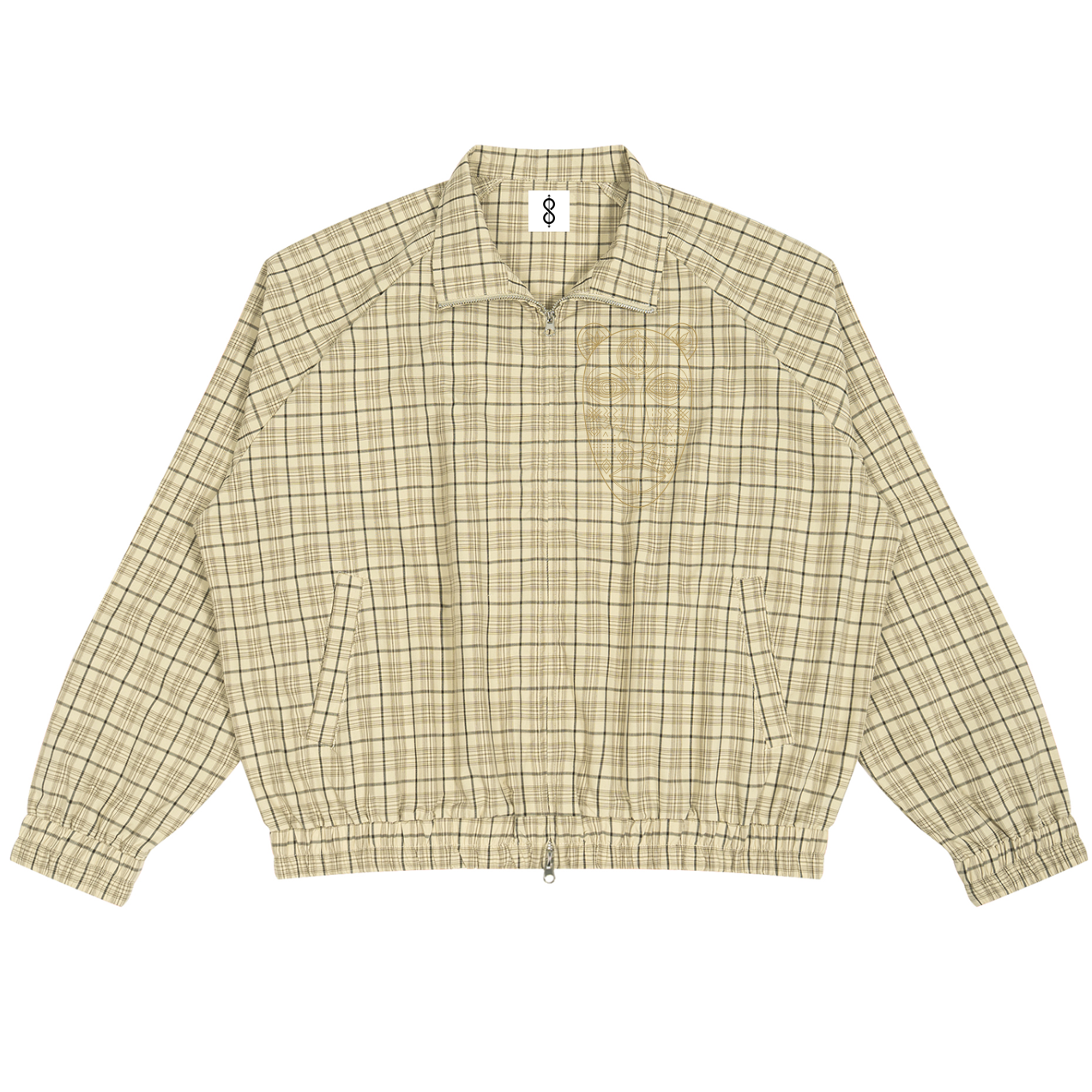 A beige and brown plaid zip-up jacket with a small embroidered logo on the left chest, displayed flat against a white background.