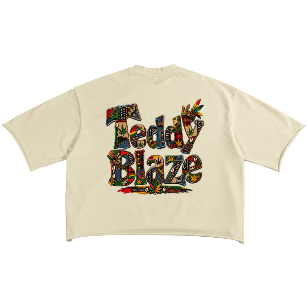Shop the Signature Bearatoo French Terry Raw Edge Tee, an oversized unisex heavyweight tee featuring AfroBohemian Bearatoo and Teddy Blaze graphics.
