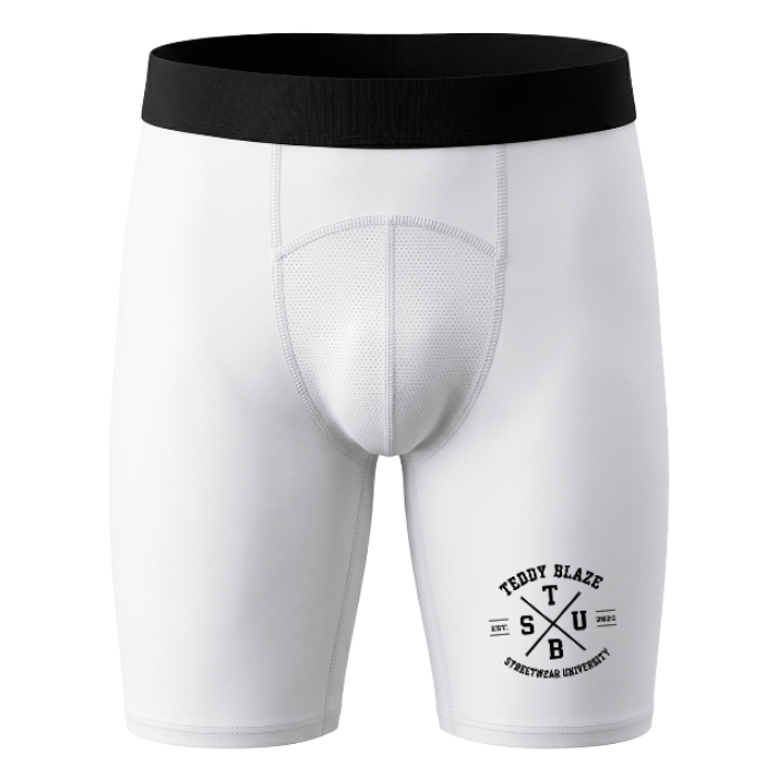 White compression shorts with a black waistband and a black 'Teddy Blaze SBU' logo on the left leg, shown on a plain white background.