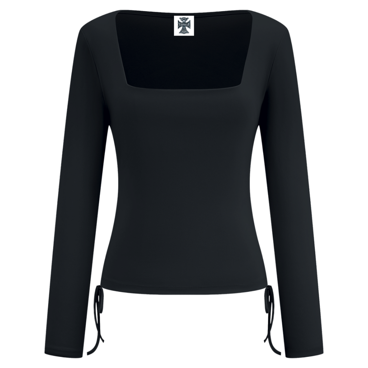 A black long-sleeve top with a square neckline and side tie details, shown against a plain white background.