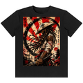 A black short-sleeve crewneck t-shirt featuring a large rectangular graphic print on the front. The graphic depicts a Japanese samurai warrior with a hat and sword, set against a background with a red and white striped circle, Japanese calligraphy, and traditional architectural elements.