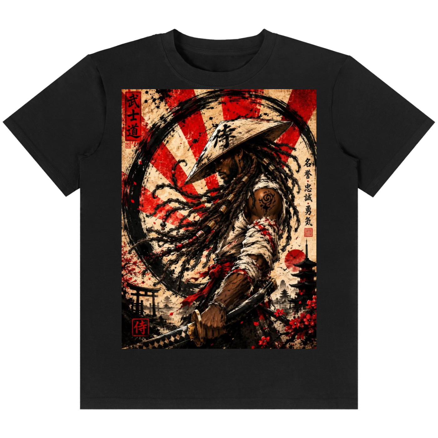 A black short-sleeve crewneck t-shirt featuring a large rectangular graphic print on the front. The graphic depicts a Japanese samurai warrior with a hat and sword, set against a background with a red and white striped circle, Japanese calligraphy, and traditional architectural elements.