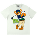 White t-shirt with a cartoon bear character holding a golf club and the text 'Teddy Blaze' on a white background.