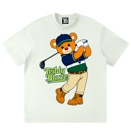 White t-shirt with a cartoon bear character holding a golf club and the text 'Teddy Blaze' on a white background.