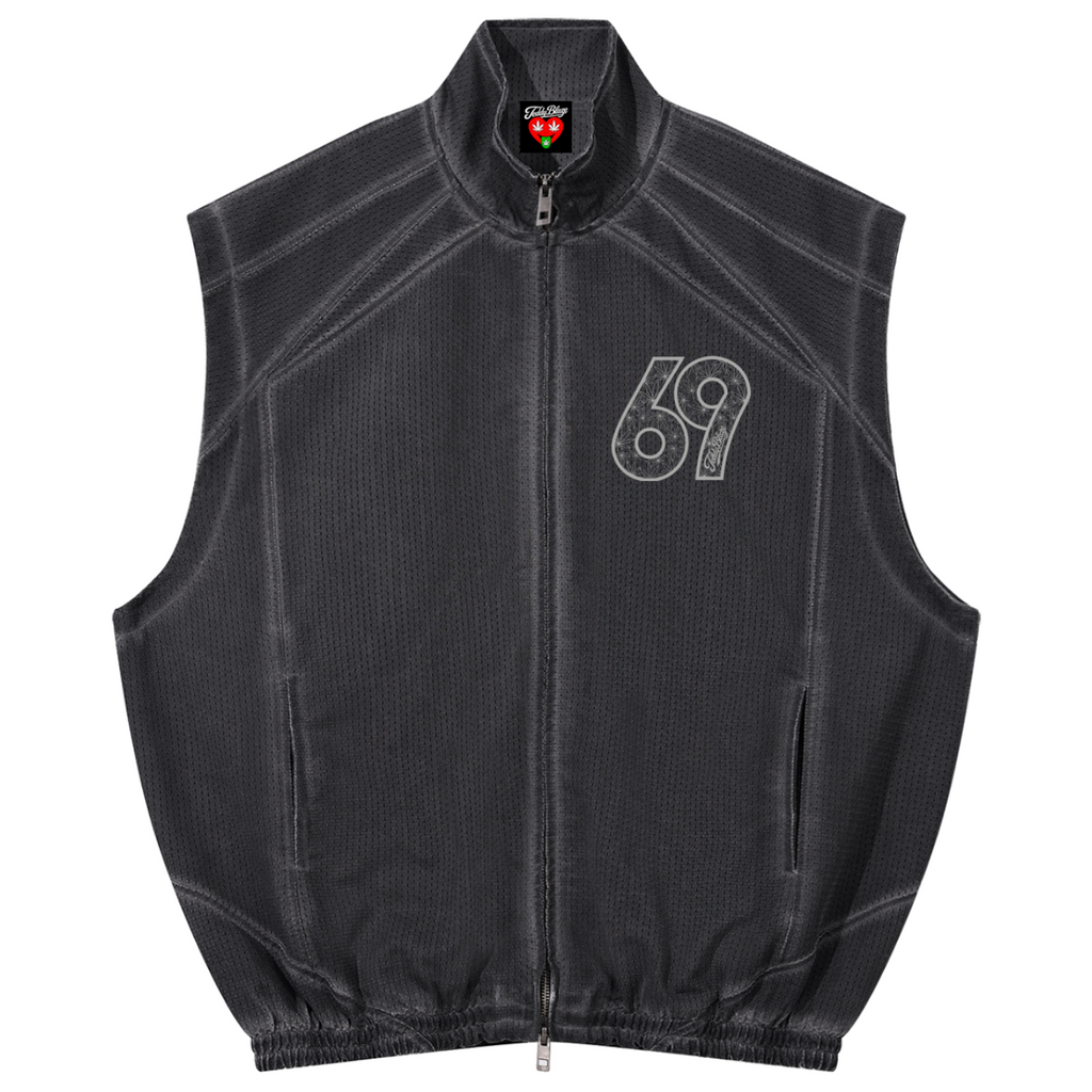 A black ribbed knit zip-up vest with a white outlined '69' graphic on the left chest, displayed flat against a white background.