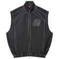 A black ribbed knit zip-up vest with a white outlined '69' graphic on the left chest, displayed flat against a white background.