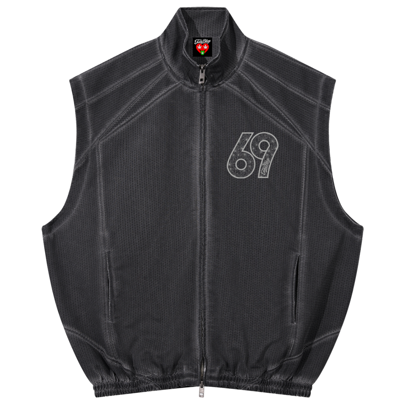 A black ribbed knit zip-up vest with a white outlined '69' graphic on the left chest, displayed flat against a white background.