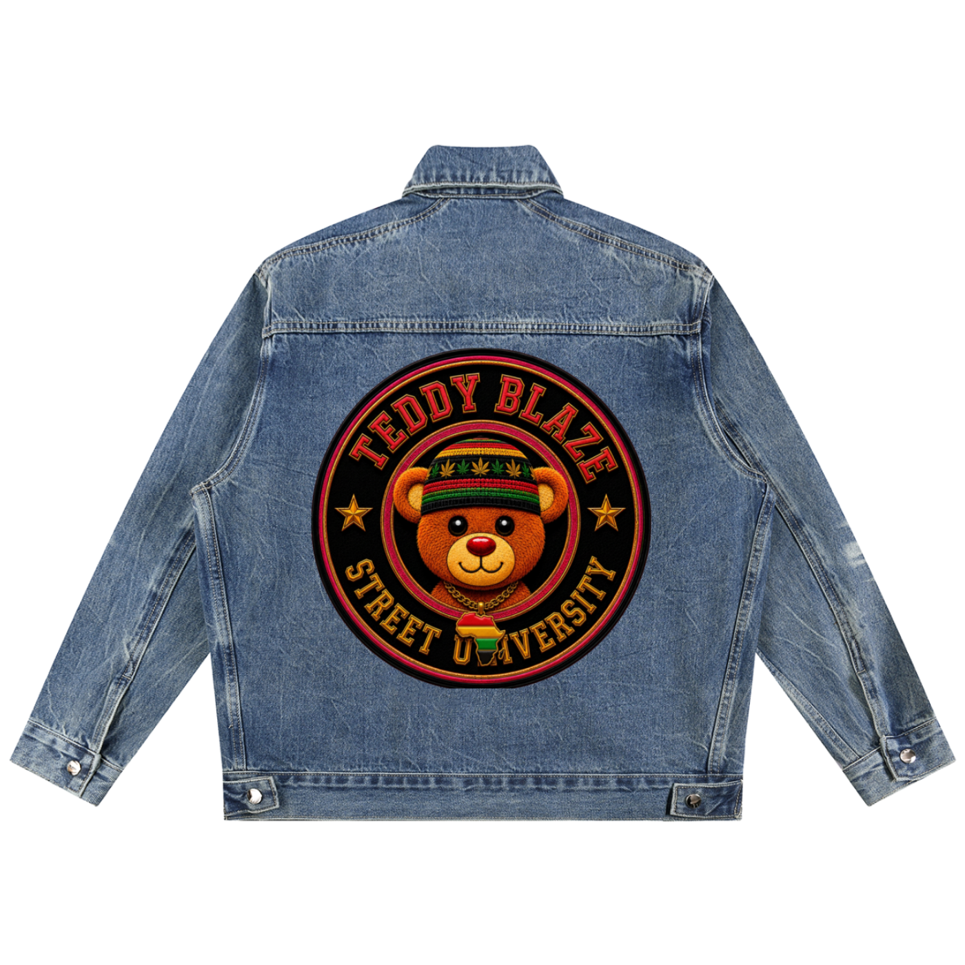 A blue denim jacket shown from the back, featuring a large circular graphic print with a cartoon teddy bear wearing a cap and the text 'TEDDY BLAZE STREET UNIVERSITY'.