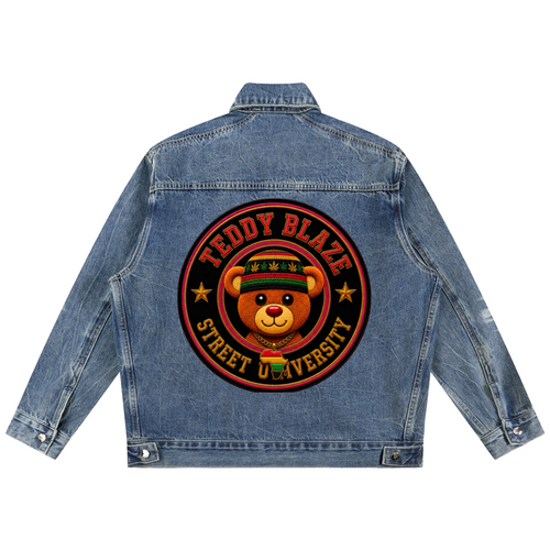 A blue denim jacket shown from the back, featuring a large circular graphic print with a cartoon teddy bear wearing a cap and the text 'TEDDY BLAZE STREET UNIVERSITY'.