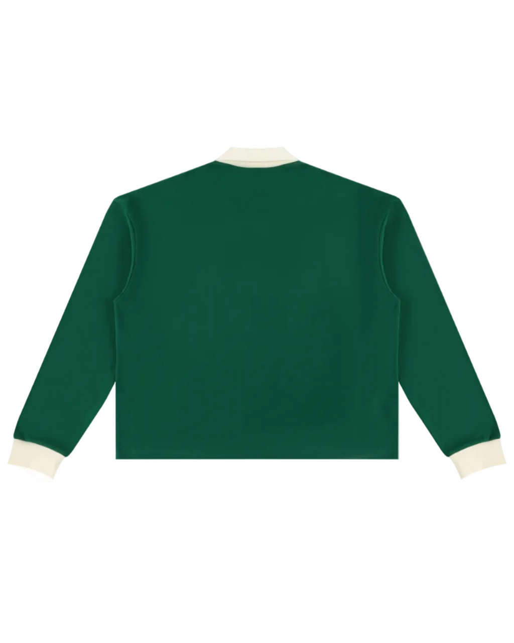 Shop the Iron + Ivy Bakey Face Contrast Trim Long Polo by Teddy Blaze. Heavyweight 320 GSM forest green cotton-poly long-sleeve polo featuring a vibrant melting smiley face graphic and cream contrast collar.