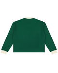 Shop the Iron + Ivy Bakey Face Contrast Trim Long Polo by Teddy Blaze. Heavyweight 320 GSM forest green cotton-poly long-sleeve polo featuring a vibrant melting smiley face graphic and cream contrast collar.