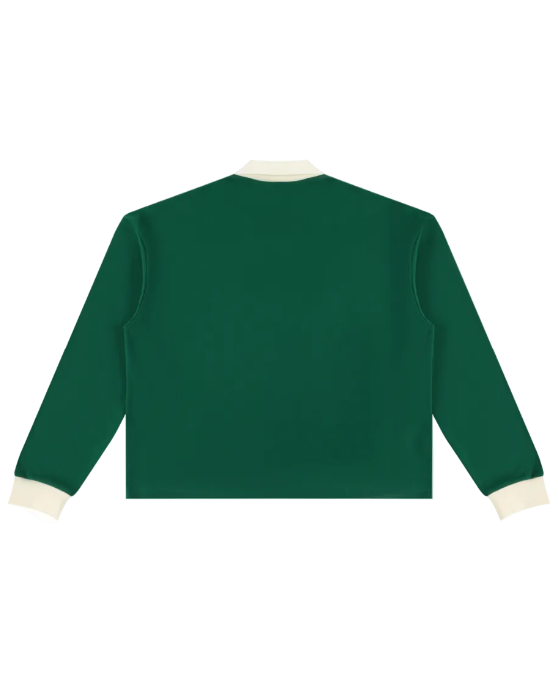 Shop the Iron + Ivy Bakey Face Contrast Trim Long Polo by Teddy Blaze. Heavyweight 320 GSM forest green cotton-poly long-sleeve polo featuring a vibrant melting smiley face graphic and cream contrast collar.