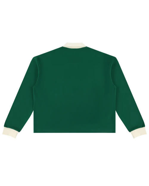 Shop the Iron + Ivy Bakey Face Contrast Trim Long Polo by Teddy Blaze. Heavyweight 320 GSM forest green cotton-poly long-sleeve polo featuring a vibrant melting smiley face graphic and cream contrast collar.