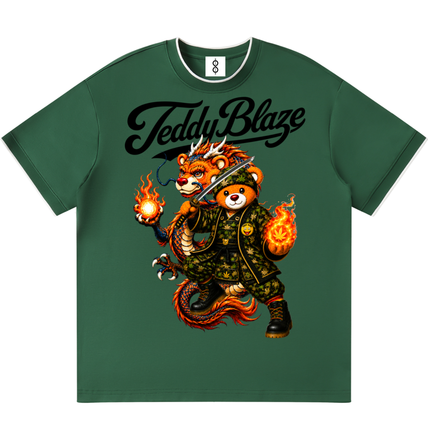 A dark green short-sleeve t-shirt with a graphic of a panda dressed in a samurai warrior outfit, holding a sword and flaming orbs, with the text 'Teddy Blaze' printed above. The t-shirt is displayed flat against a plain white background.
