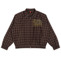 A brown and black plaid zip-up jacket with 'Teddy Blaze' embroidered in gold on the chest, displayed flat against a white background.
