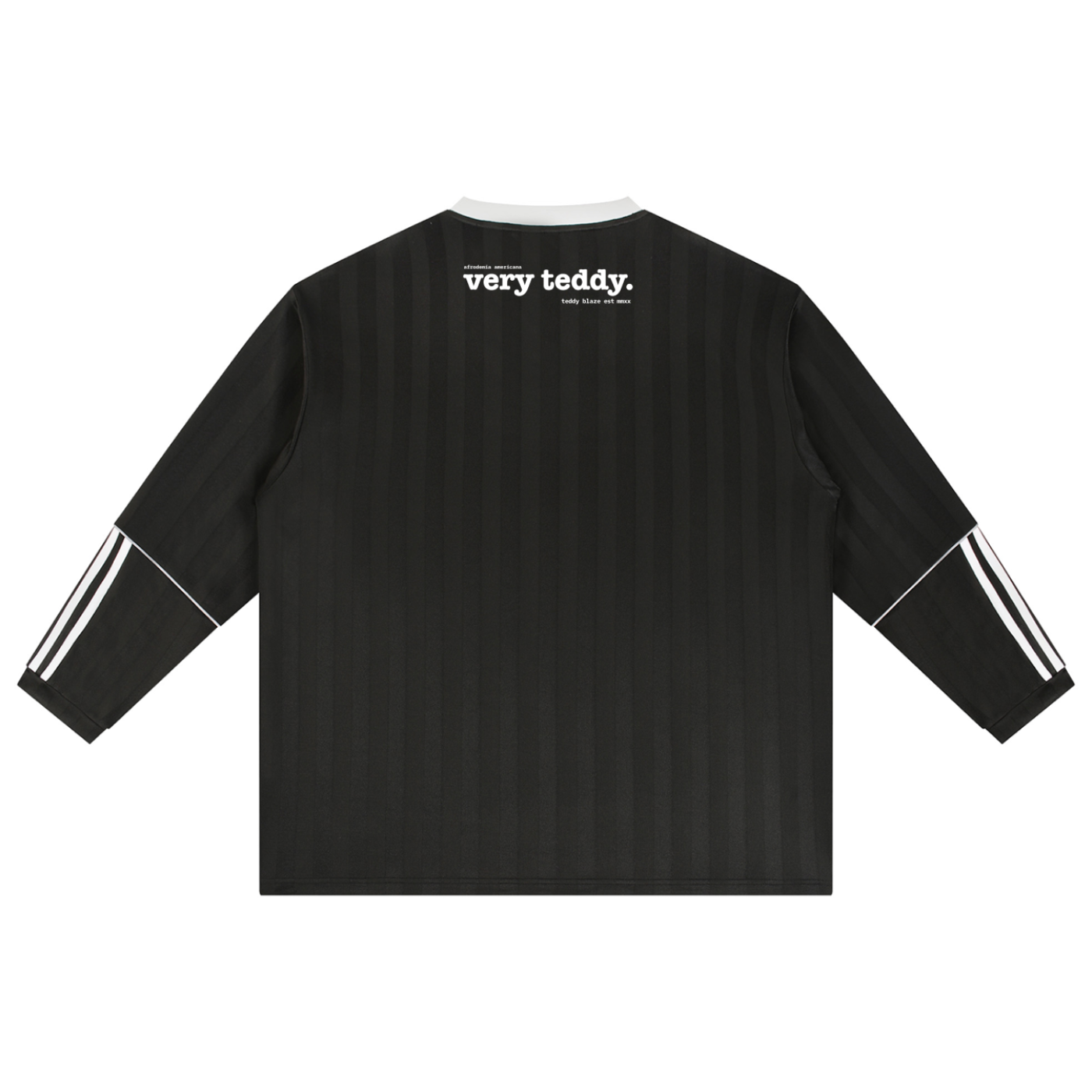 Tonal black jacquard soccer jersey with contrast V-neck, striped sleeves and Teddy Blaze Afrodemia Americana artwork. A refined Afrocentric athletic-prep statement.