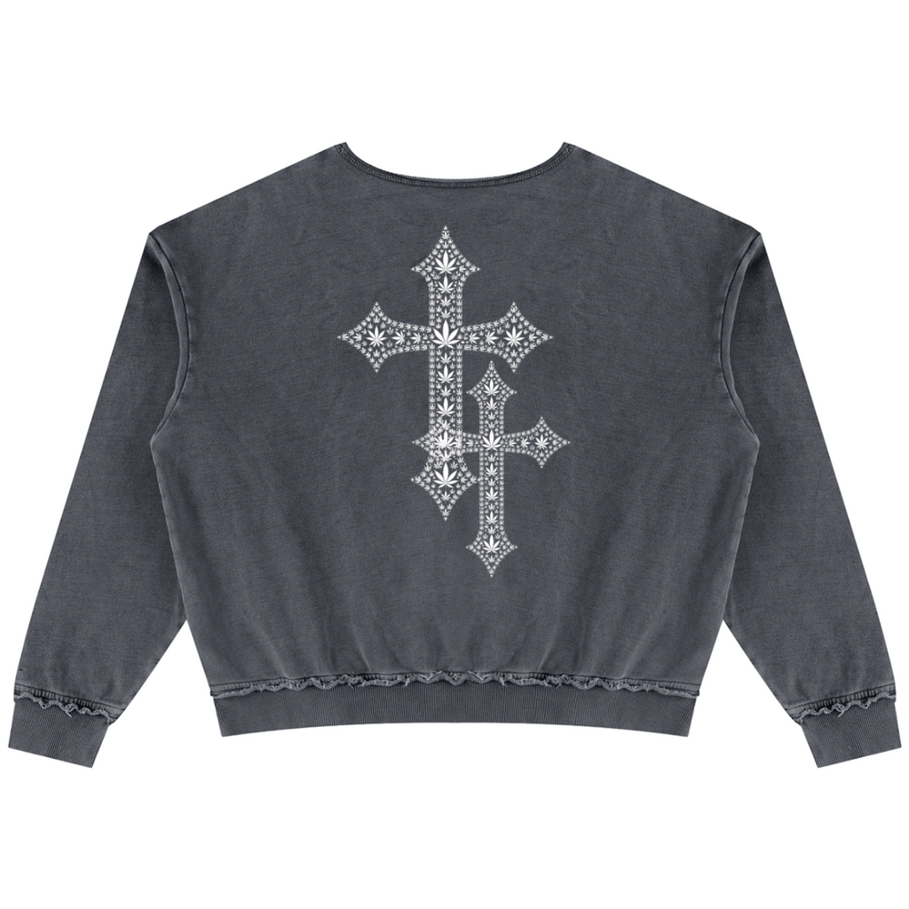 Shop the Freedom Crest Cotton Trucker Jumper by Teddy Blaze. Heavyweight 400 gsm snow-wash cotton crewneck sweater featuring a distressed hem, front pouch pocket, and DaCruz back print.