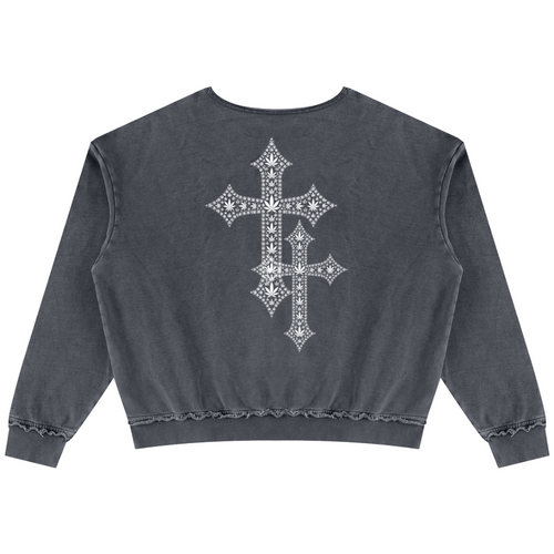 Shop the Freedom Crest Cotton Trucker Jumper by Teddy Blaze. Heavyweight 400 gsm snow-wash cotton crewneck sweater featuring a distressed hem, front pouch pocket, and DaCruz back print.