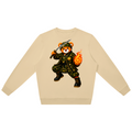 A beige crewneck sweatshirt featuring a graphic of a cartoon teddy bear dressed in a military uniform with a sword and a flaming grenade, shown against a plain white background.