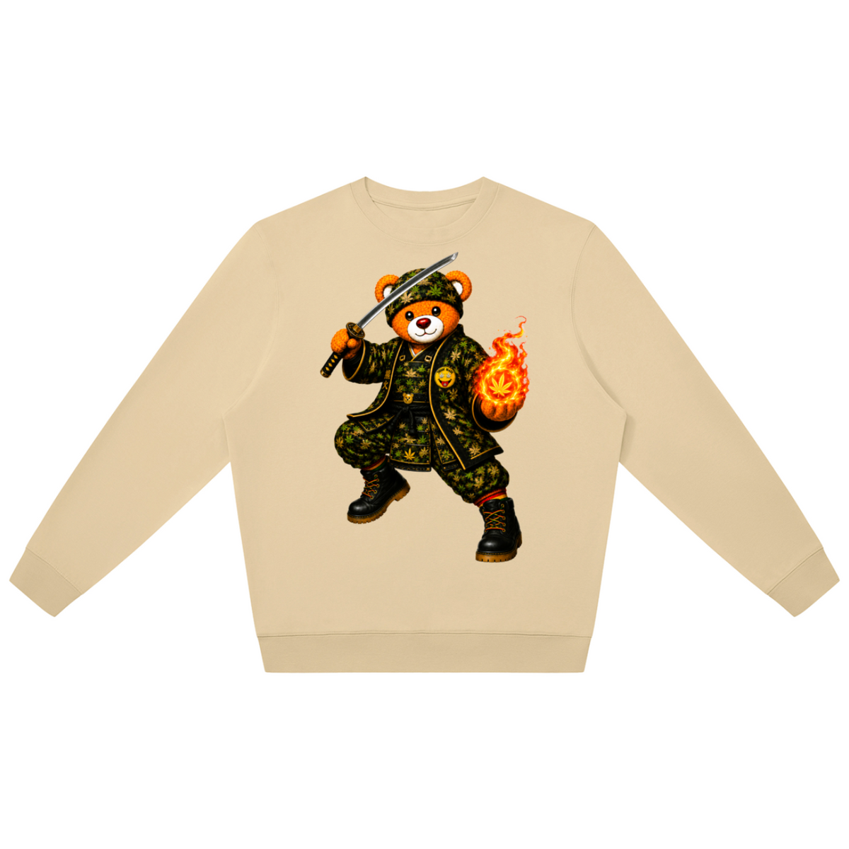 A beige crewneck sweatshirt featuring a graphic of a cartoon teddy bear dressed in a military uniform with a sword and a flaming grenade, shown against a plain white background.