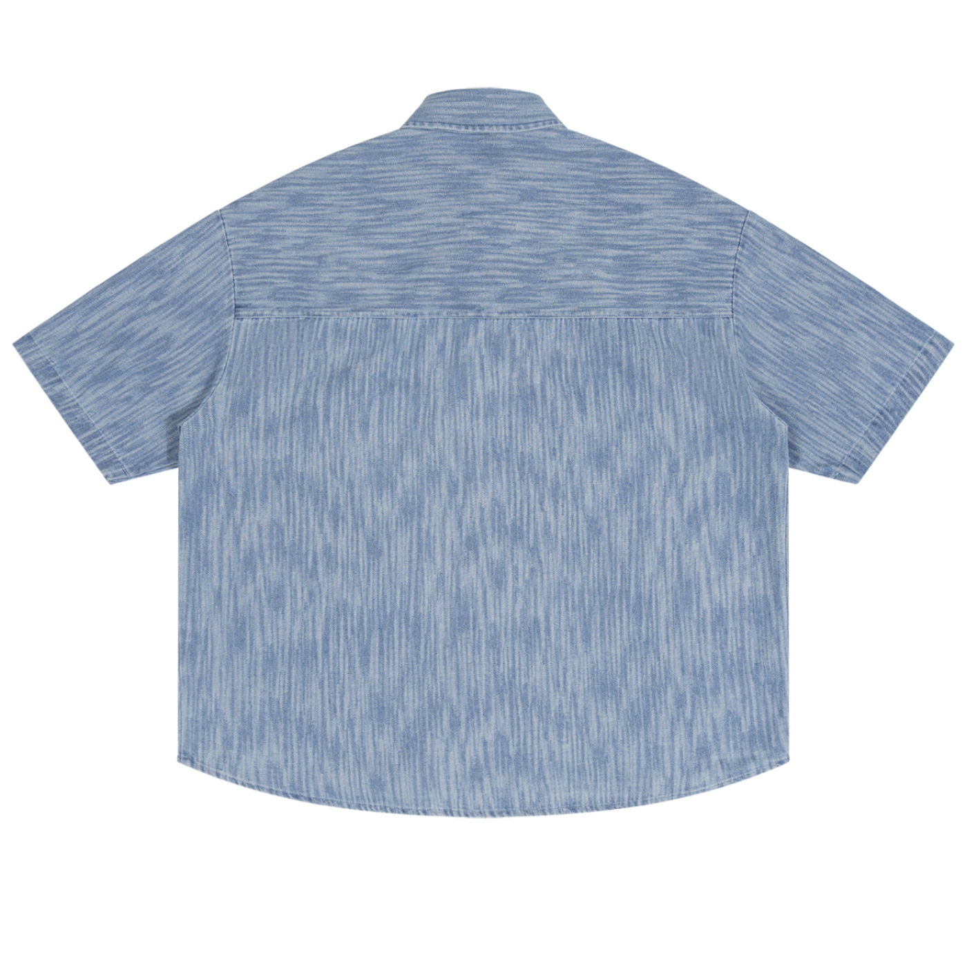 Shop the Signature Boxy Vintage Wash Denim Camp Shirt by Teddy Blaze. Lightweight 230 GSM blue striated denim short sleeve button-up from THE BLAZE MAN.