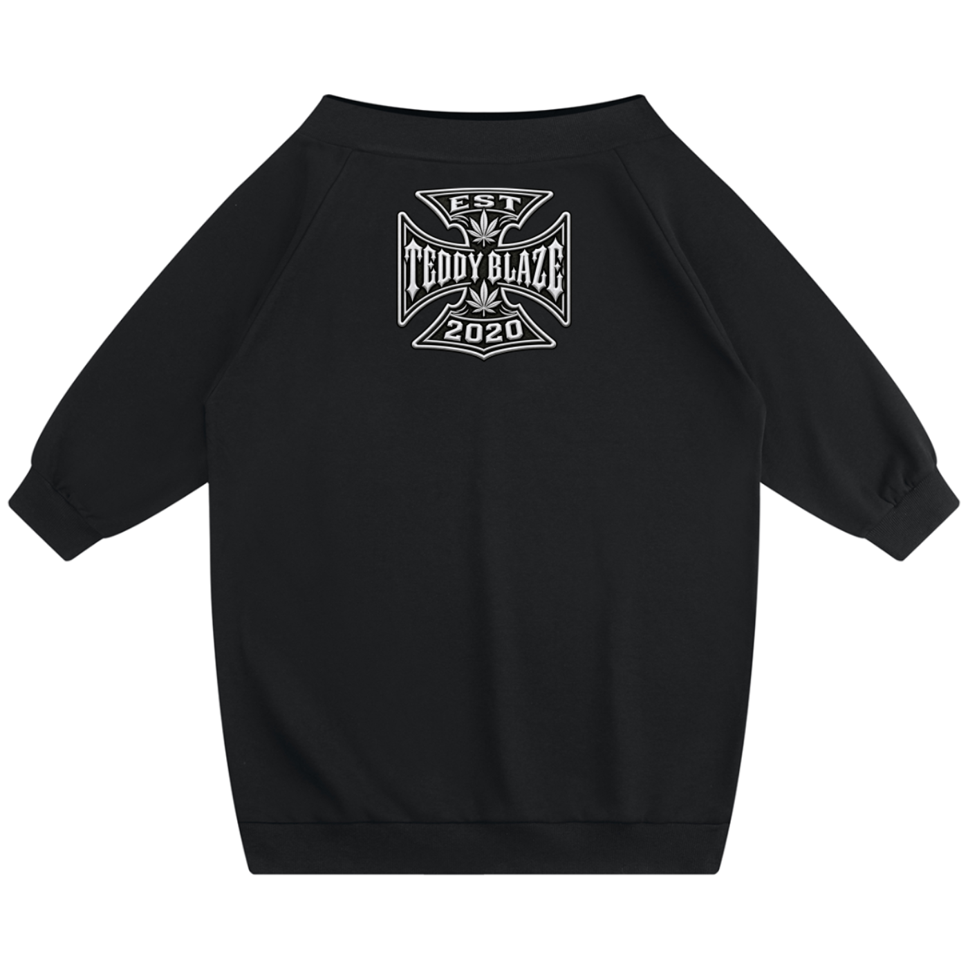 A black long-sleeve baby teepee sweatshirt with a white graphic print on the back reading 'EST. TEDDY BLAZE 2020' over crossed tools, shown on a plain white background.