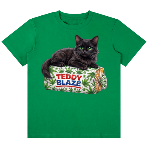 A green short-sleeve crewneck t-shirt featuring a graphic print of a black cat lying on a roll of patterned paper with the text 'TEDDY BLAZE'.