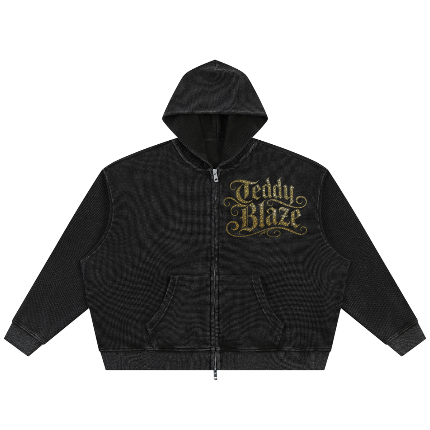 A black zip-up hoodie with a front pocket and a gold 'Teddy Blaze' graphic on the left chest, displayed against a solid white background.