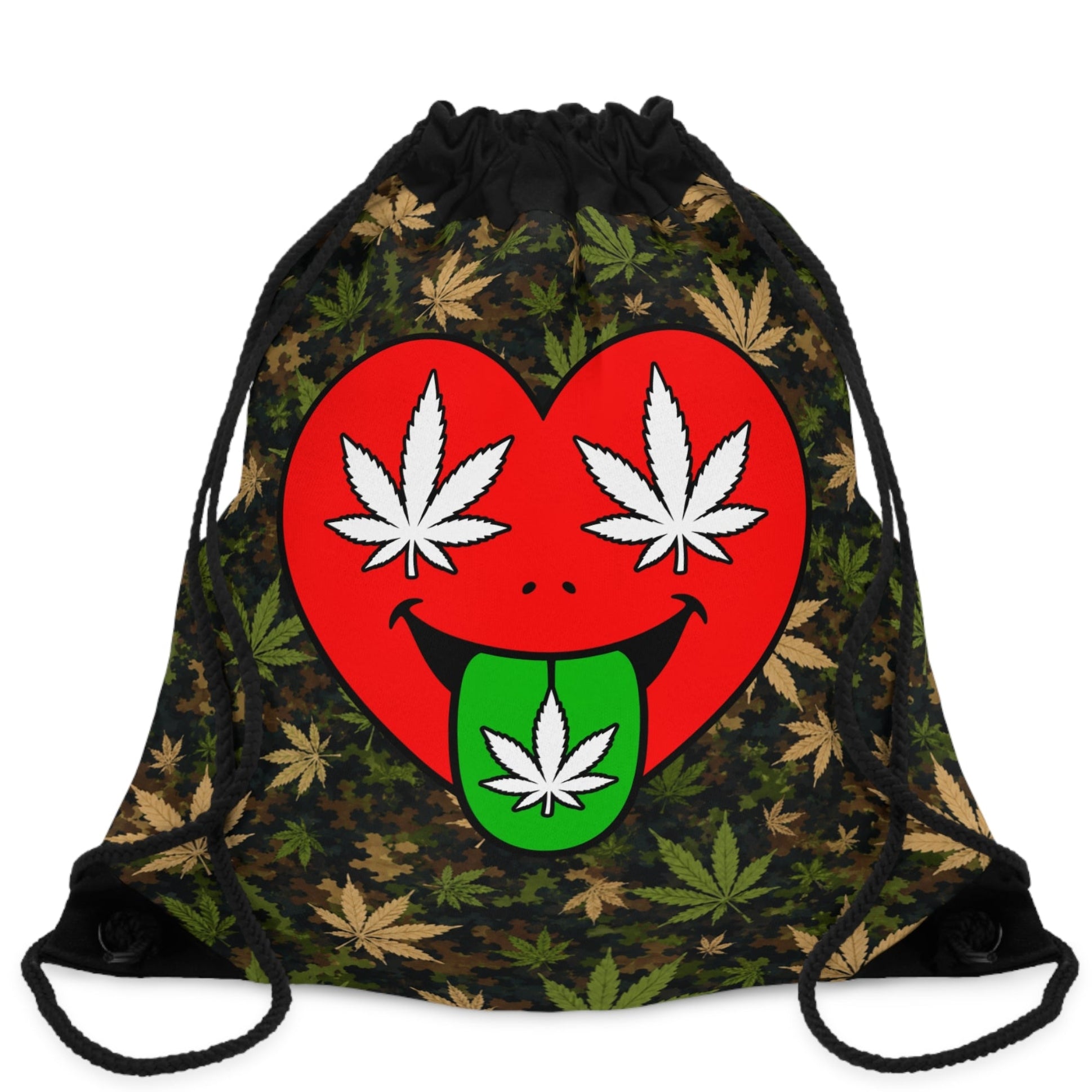 A black drawstring backpack featuring a camouflage pattern with green and tan cannabis leaves, decorated with a large red heart graphic on the front that has white leaf eyes and a green tongue with a white leaf.