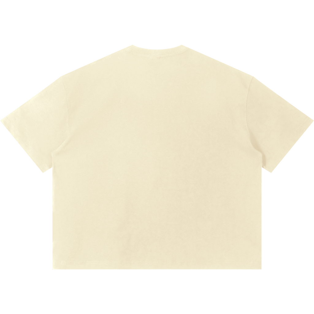 Shop the Signature Boxy Tee by Teddy Blaze. 220 GSM cotton-poly oversized drop-shoulder t-shirt with yellow script logo from TOPS BY TEDDY BLAZE.
