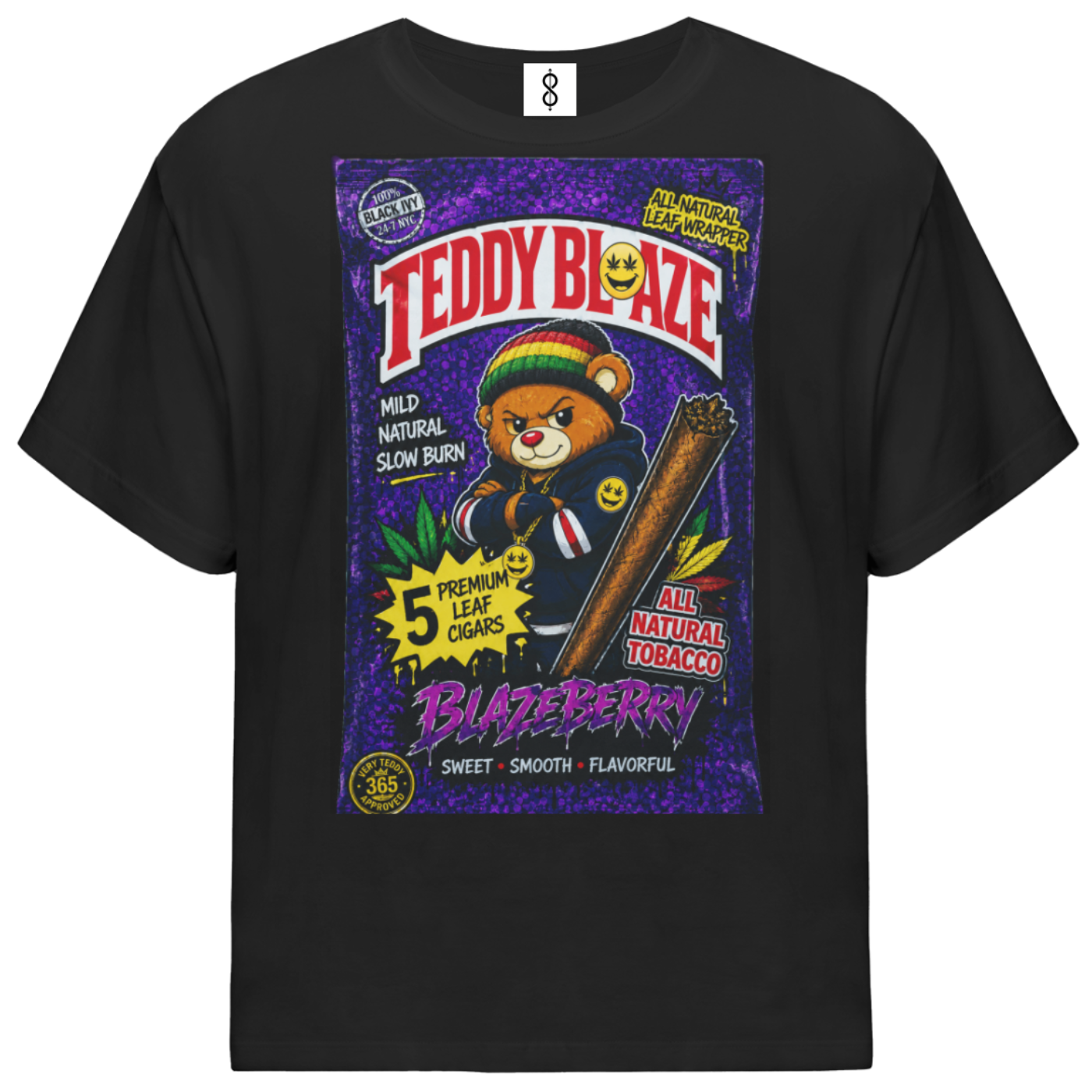 A black short-sleeve t-shirt with a large graphic print on the front. The graphic is styled like a retro candy package, featuring a cartoon teddy bear in a Rastafarian hat holding a cigar, with text including 'TEDDY BLAZE', 'BLASPERY', and '5 FRESHLY LUXED CIGARS'.
