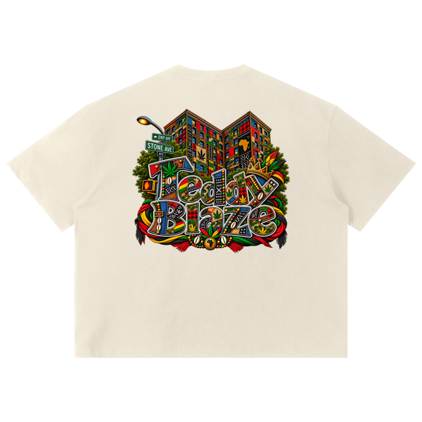 Shop the Teddy Blaze Boho ENY Sorona Boxy Tee, a relaxed unisex graphic tee featuring Teddy Blaze Boho and Brooklyn-inspired ENY artwork.