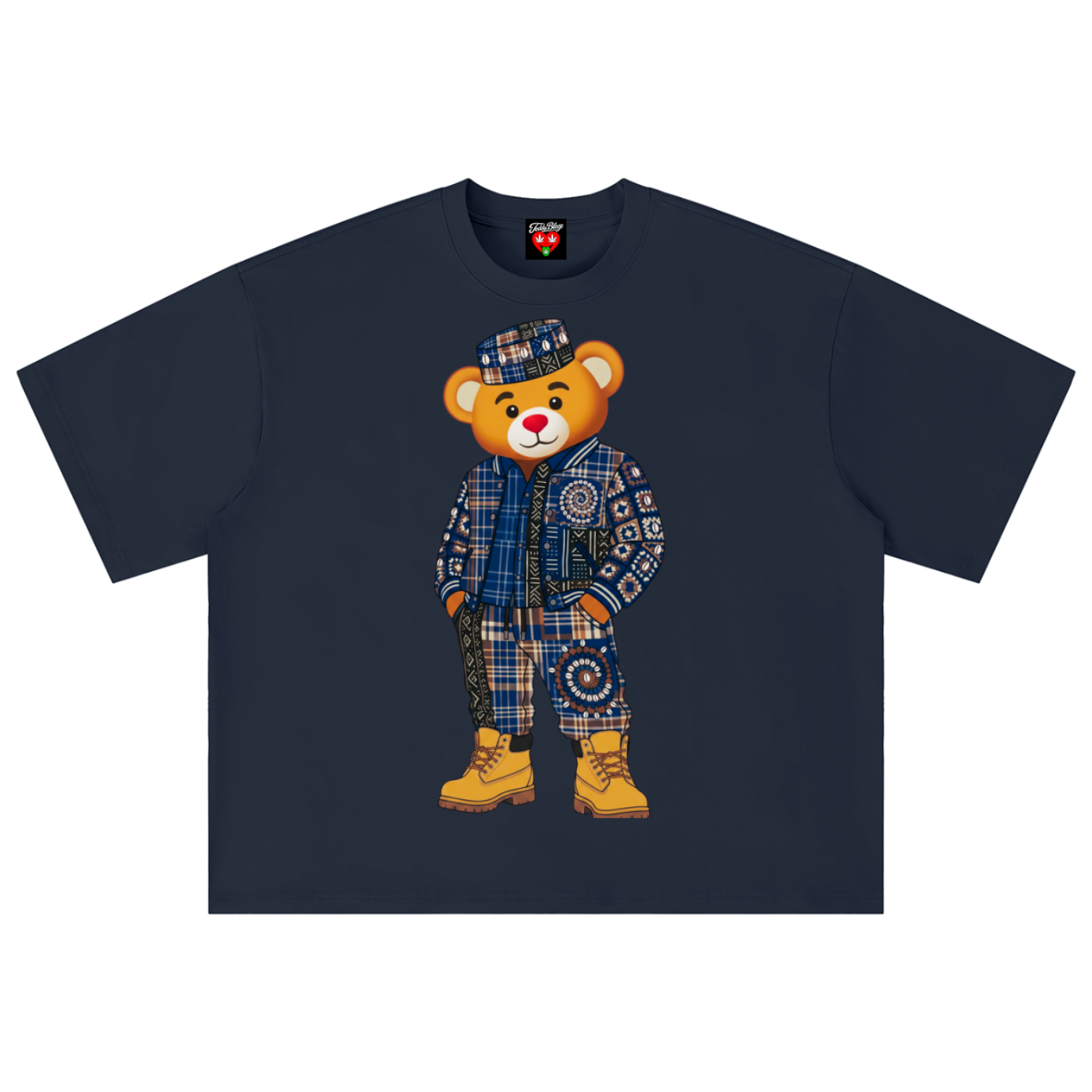 A navy blue short-sleeve t-shirt featuring a large graphic of a teddy bear wearing a matching plaid jacket, trousers, and a hat, with yellow boots. The t-shirt is displayed flat against a solid white background.