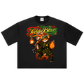 A black short-sleeve t-shirt with a colorful graphic print of two cartoon pandas in military combat gear, with flames and the text 'Teddy Blaze' above them, shown on a plain white background.