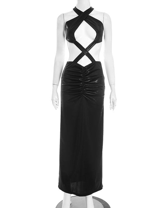 Shiny Backless Cross Strap Halter Neck Gathered Waist Midi Dress