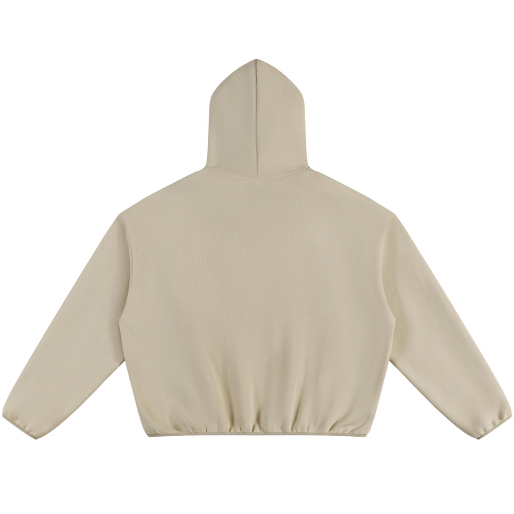Shop the Signature Cachet Boxy Piping Detail Fleece Hooded Jumper by Teddy Blaze. 350 GSM sand fleece hoodie featuring piping details and Cachet emblem from The Mature Mocha Collection.