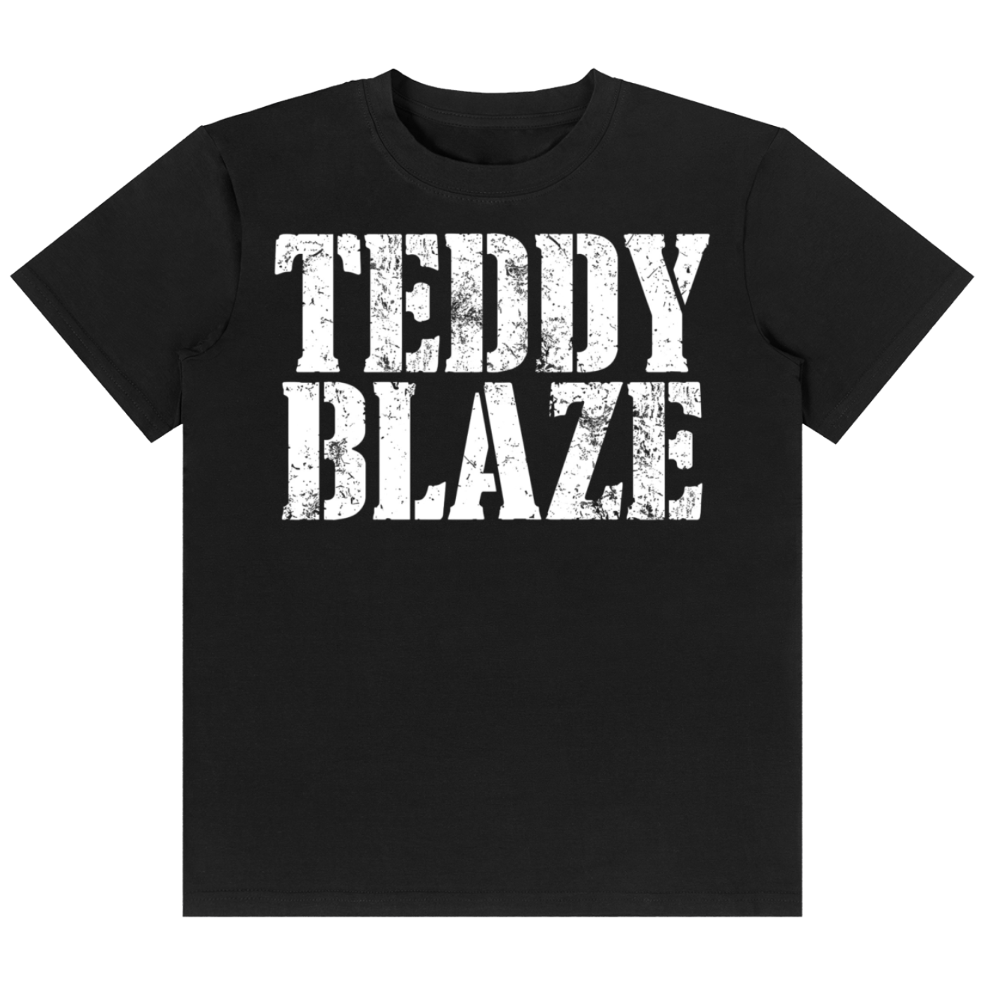 A black short-sleeve crewneck t-shirt with 'TEDDY BLAZE' printed in a distressed white block font across the chest, shown on a plain white background.