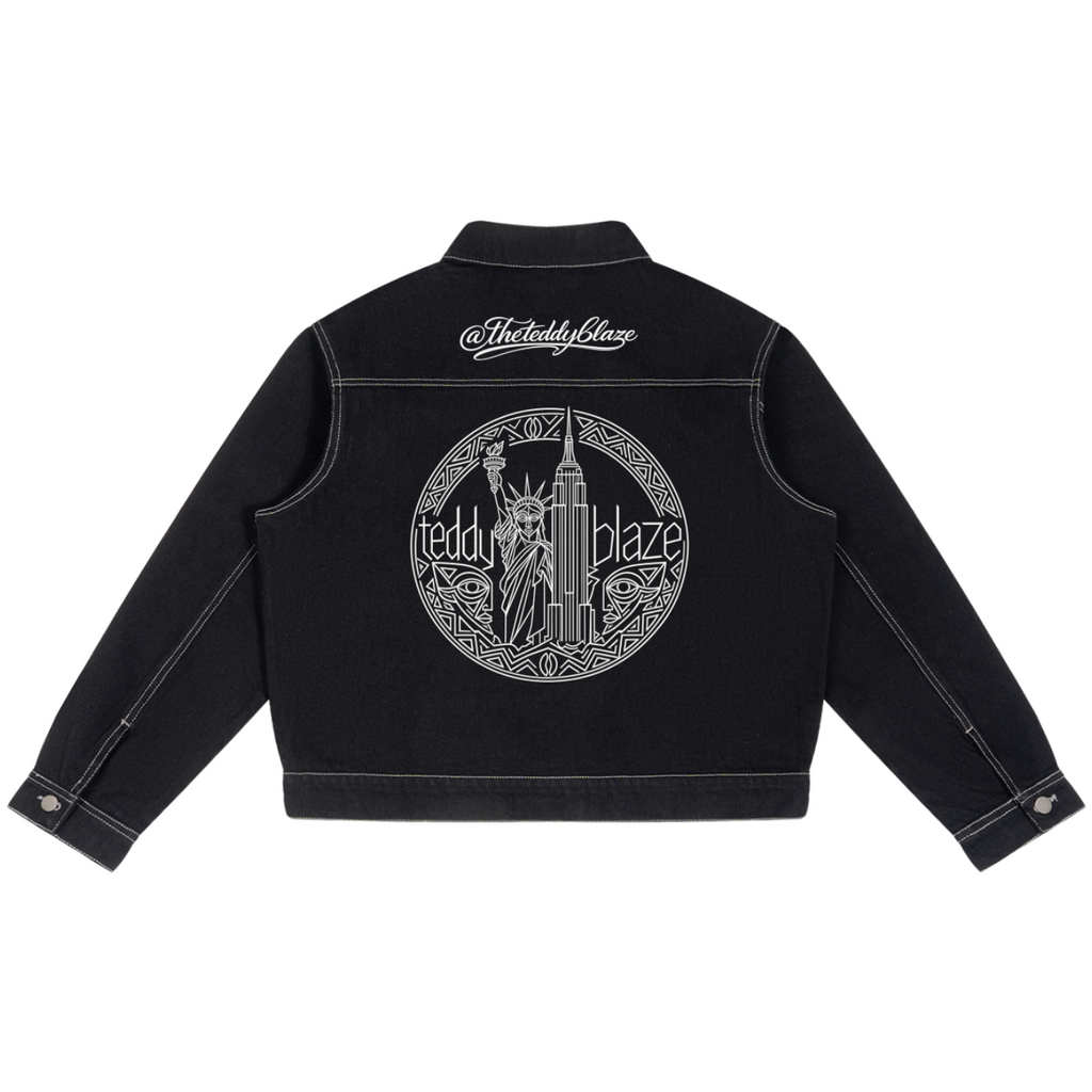 Elevate your luxury denim jacket lineup with the House of Teddy Blaze Afro Yorker Box Cut Denim Jacket. Heavyweight 428 gsm black cotton-poly denim jacket, contrast white stitching, Afro Yorker portrait, and NYC Statue of Liberty back emblem embroidery. Shop NYC to Vegas style