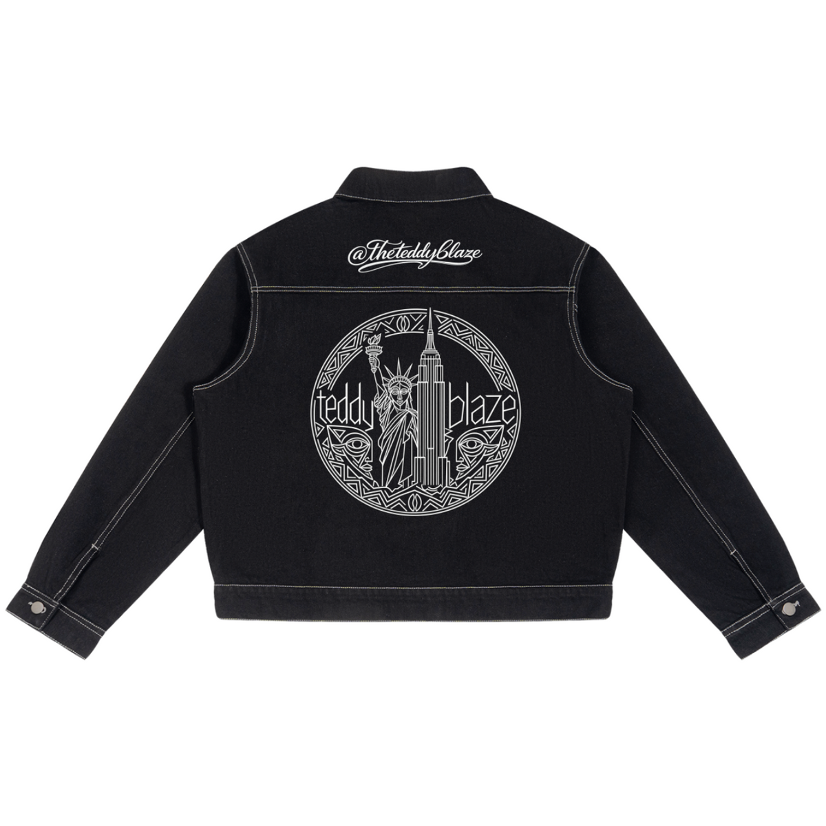 Elevate your luxury denim jacket lineup with the House of Teddy Blaze Afro Yorker Box Cut Denim Jacket. Heavyweight 428 gsm black cotton-poly denim jacket, contrast white stitching, Afro Yorker portrait, and NYC Statue of Liberty back emblem embroidery. Shop NYC to Vegas style