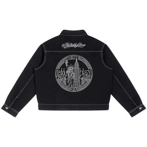 Elevate your luxury denim jacket lineup with the House of Teddy Blaze Afro Yorker Box Cut Denim Jacket. Heavyweight 428 gsm black cotton-poly denim jacket, contrast white stitching, Afro Yorker portrait, and NYC Statue of Liberty back emblem embroidery. Shop NYC to Vegas style