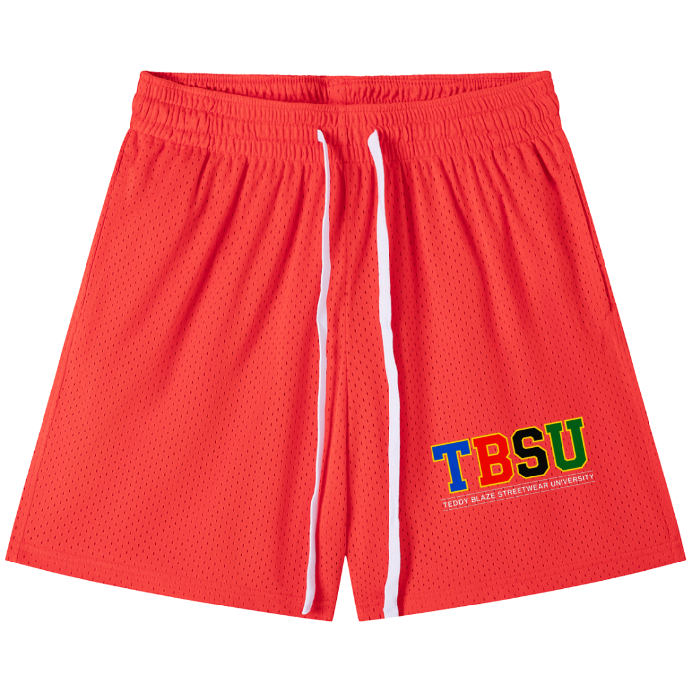 Red mesh athletic shorts with a white drawstring and a colorful 'TBSU' logo on the left leg, displayed on a clean white background.