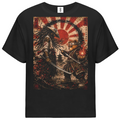 A black short-sleeve crewneck t-shirt featuring a large, detailed graphic print on the front. The graphic depicts a samurai warrior in a dark, moody scene with a red rising sun and Japanese flag elements, set against a plain white background.