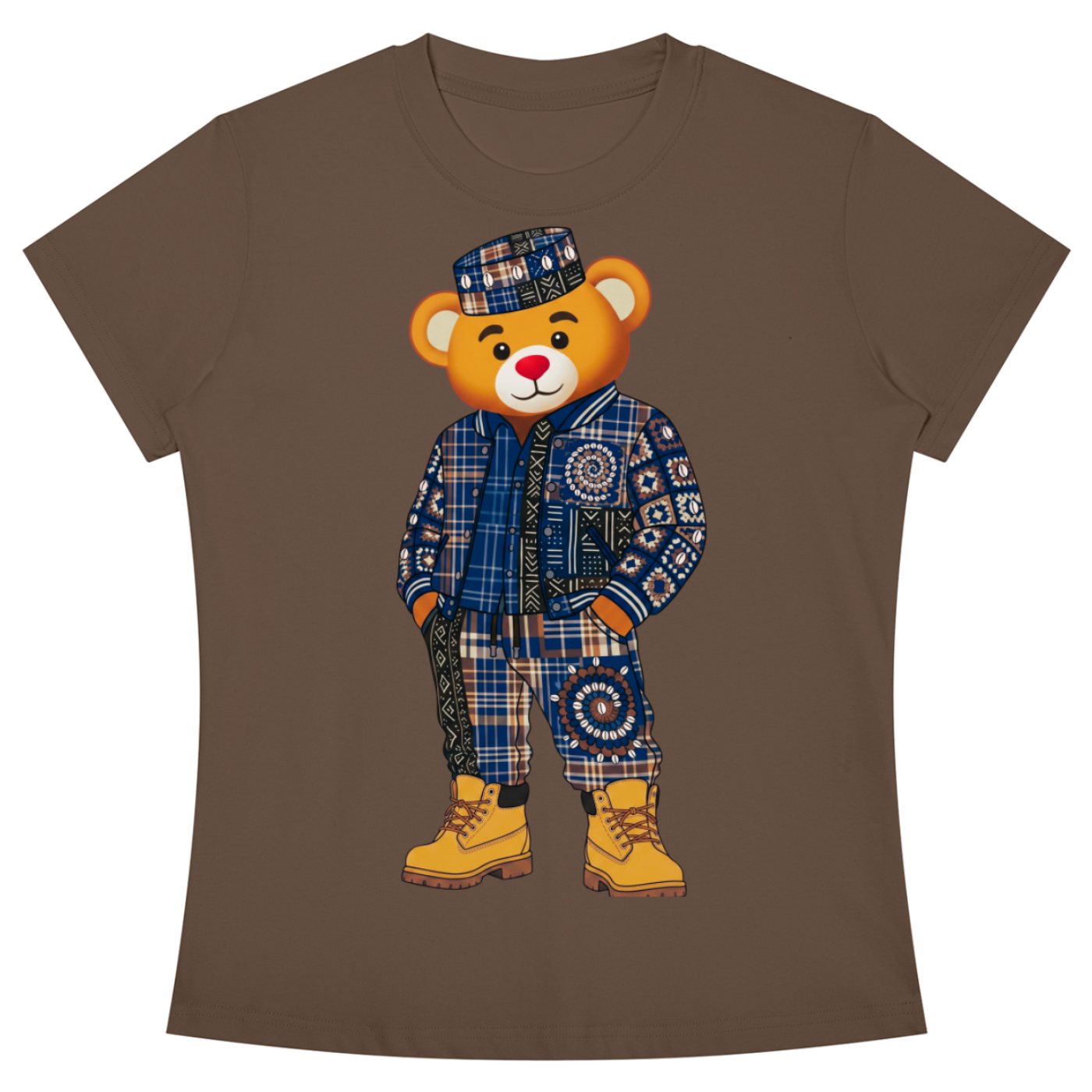 A brown short-sleeve crewneck t-shirt featuring a graphic of a cartoon teddy bear wearing a blue plaid jacket, matching plaid hat, patterned pants, and yellow boots, displayed on a solid white background.