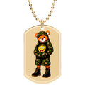 A gold-tone dog tag pendant necklace featuring a cartoon teddy bear dressed in a camouflage hoodie and shorts with a yellow smiley face graphic, suspended from a gold ball chain on a white background.